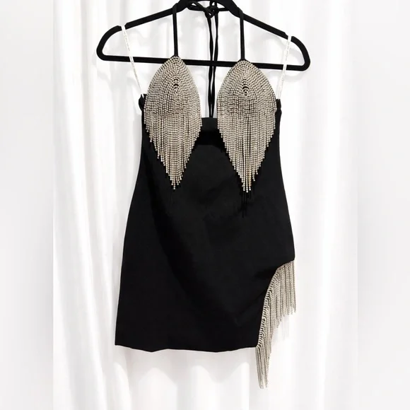 Miss Circle Black Crystal Fringe Mini Dress โ Halter, Backless โ XS - Picture 10 of 11